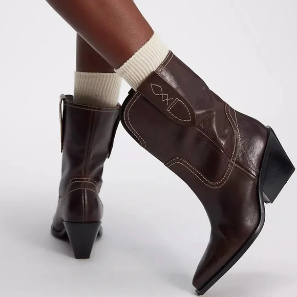 NEW Free People Pitchfork Point Western Leather Boots Cowgirl Bootie